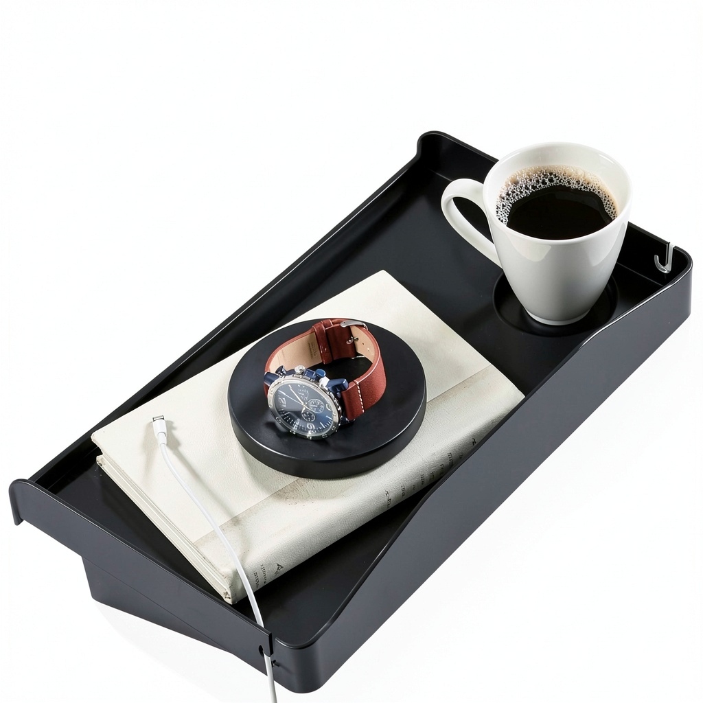 Modern Innovations bedside tray attached to a bed frame with items organized