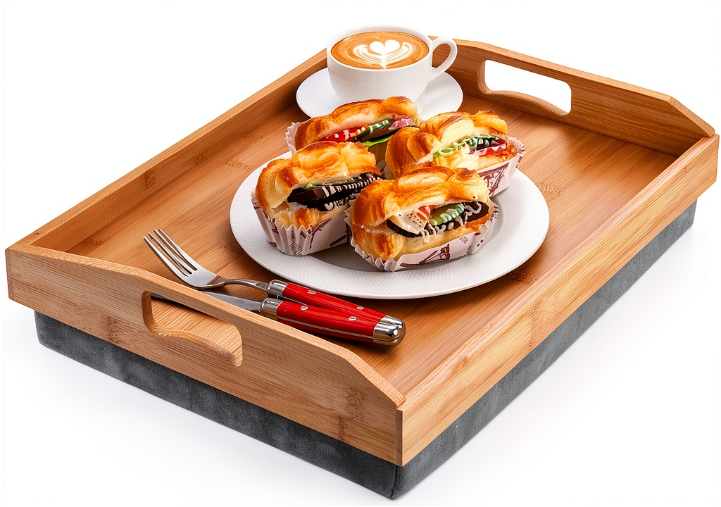Person using bamboo lap tray on a bed
