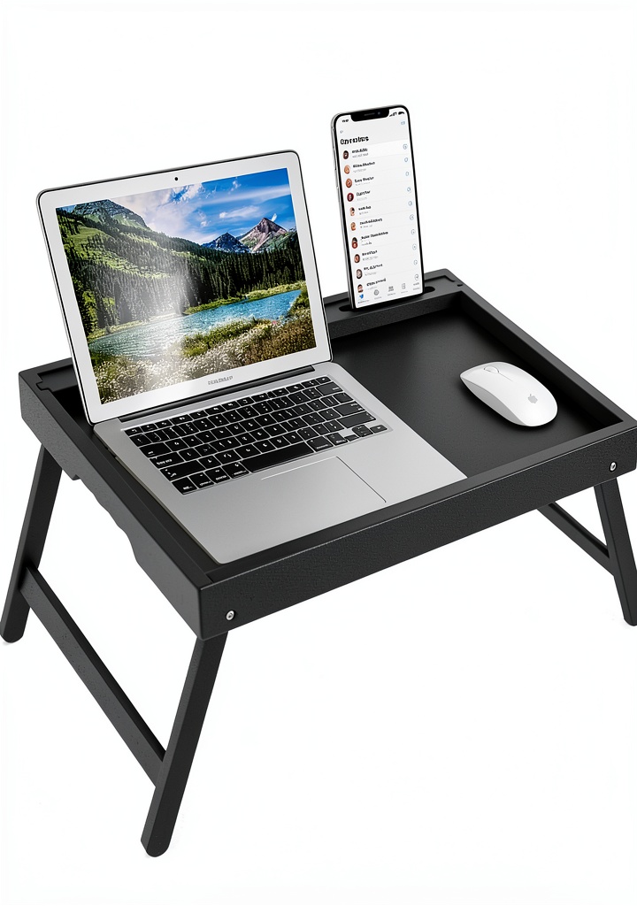 Artmeer bamboo breakfast tray open on a bed with tablet in slot