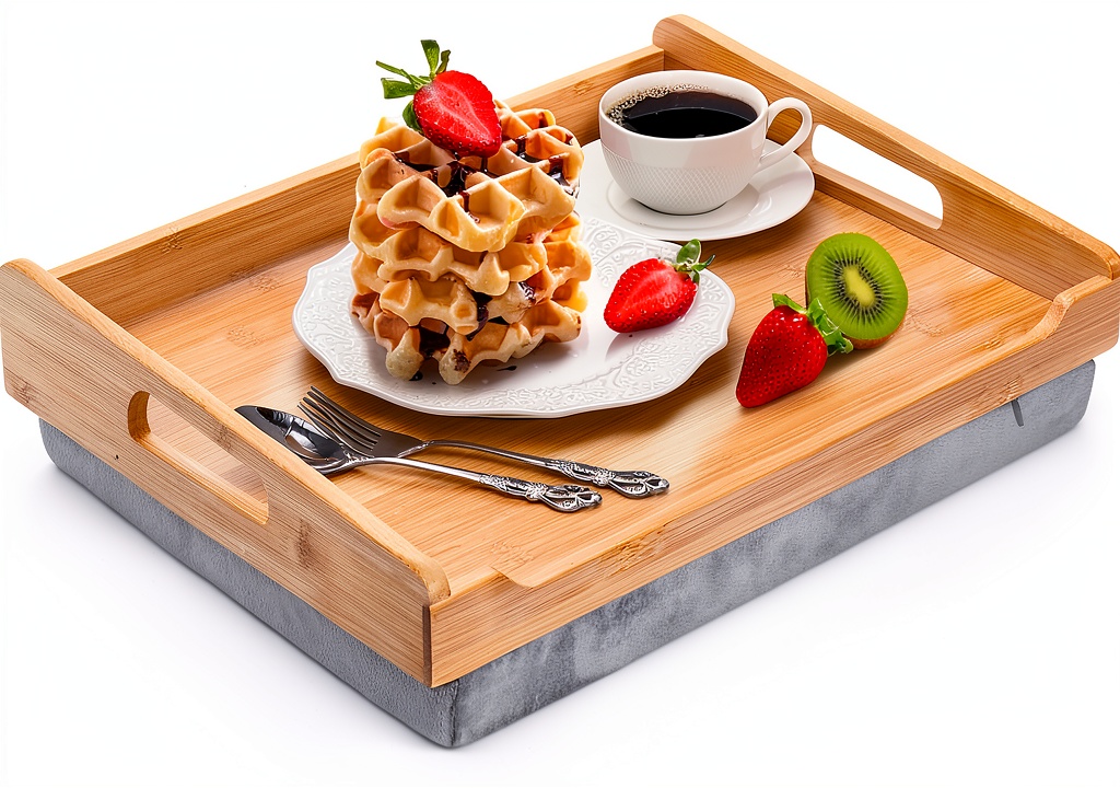TOPZEA bamboo lap tray being used on a bed with a laptop and coffee cup