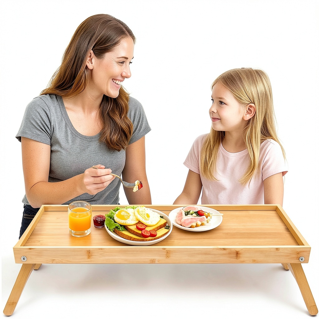 Geelin bamboo folding tray being used as a breakfast table in bed