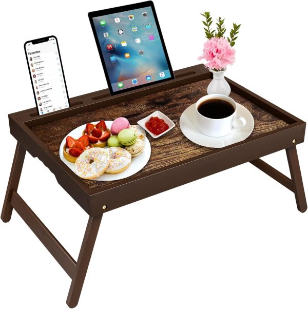 Promitop Bamboo Breakfast Tray Foldable Tablet Stand Handle-0