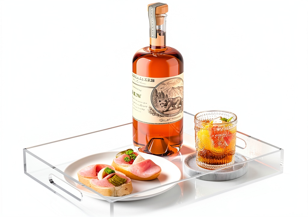 Cilinta clear acrylic serving tray on a kitchen counter with food and drinks